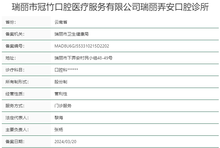 瑞丽市冠竹口腔医疗服务有限公司瑞丽弄安口腔诊所