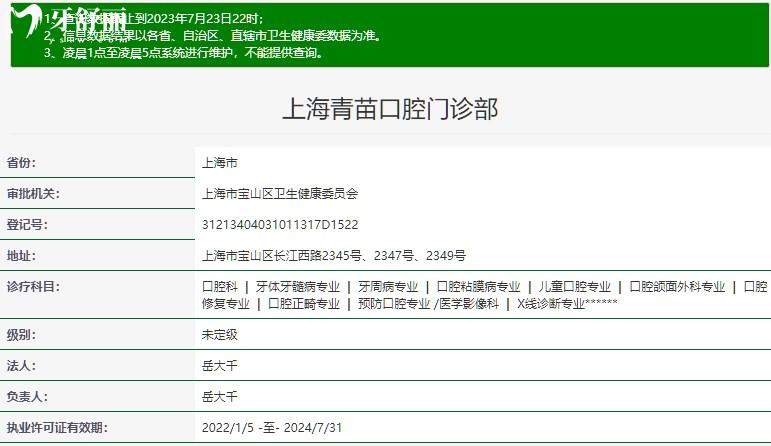 上海青苗口腔门诊部卫健委审核资质