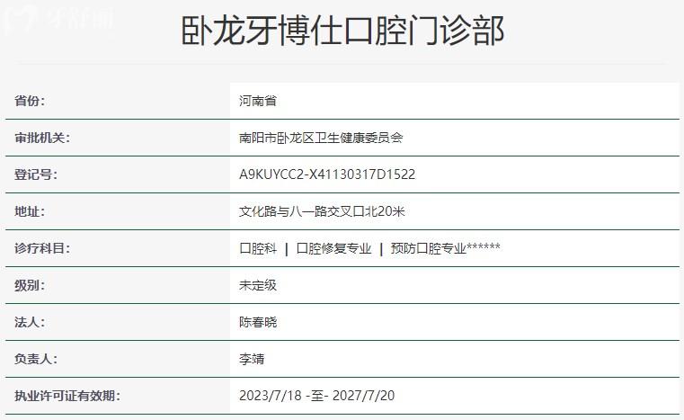 南阳牙博仕口腔门诊部资质信息