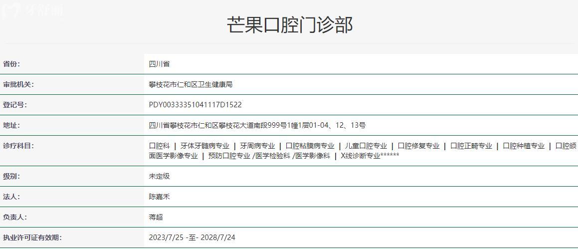 攀枝花芒果口腔医院卫健委资料