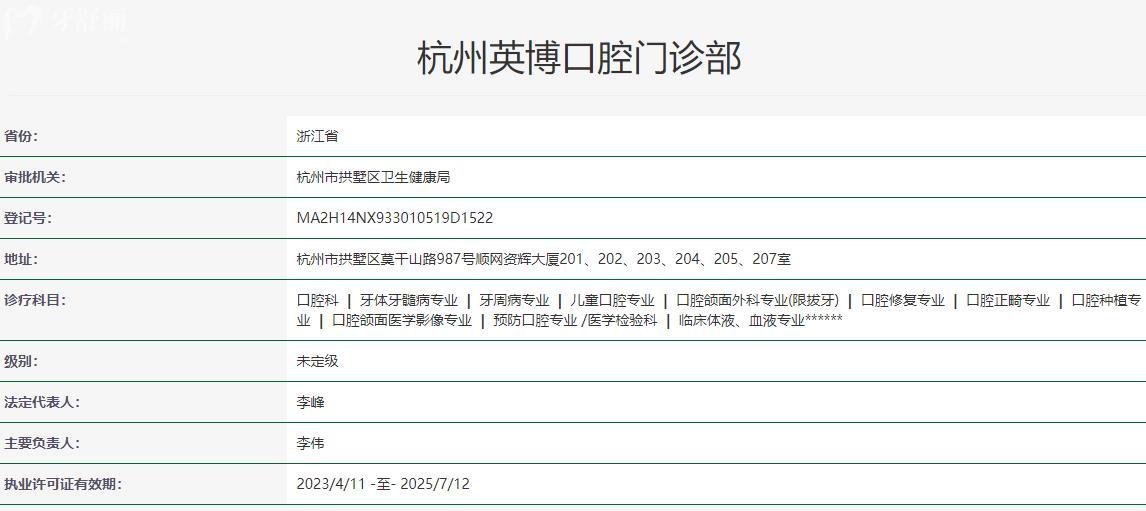 杭州英博口腔门诊部卫健委资料