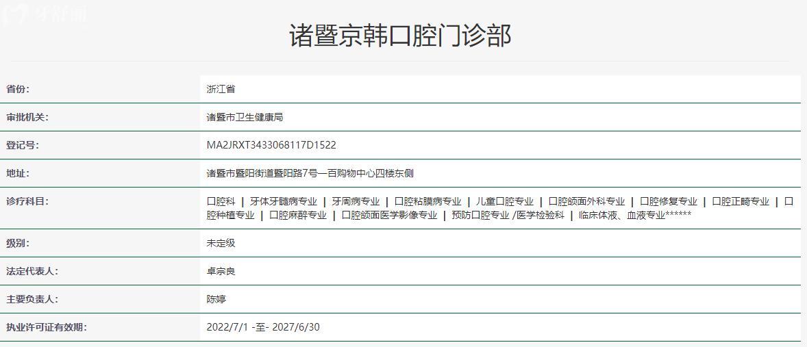 诸暨京韩口腔门诊部卫健委资料