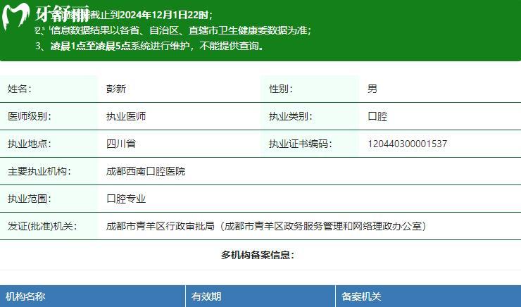 彭新医生卫健委资质