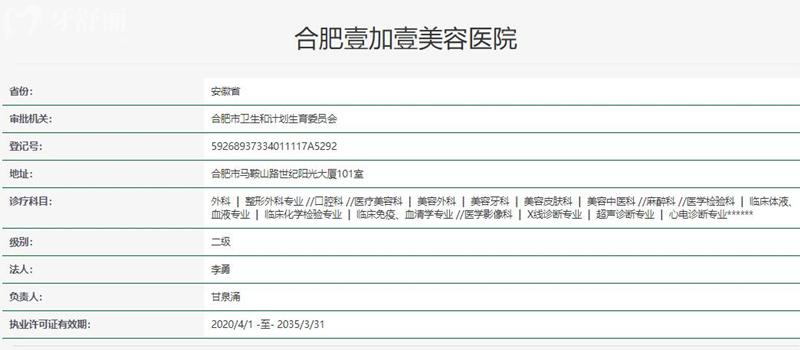 合肥壹加壹美容医院二级资质