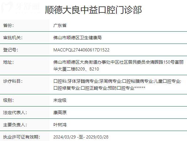 佛山中益口腔医院地址在顺德区大良街道,正规资质