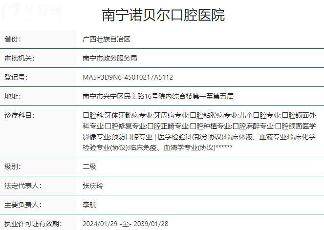 南宁诺贝尔口腔是正规二级医院,资质完善
